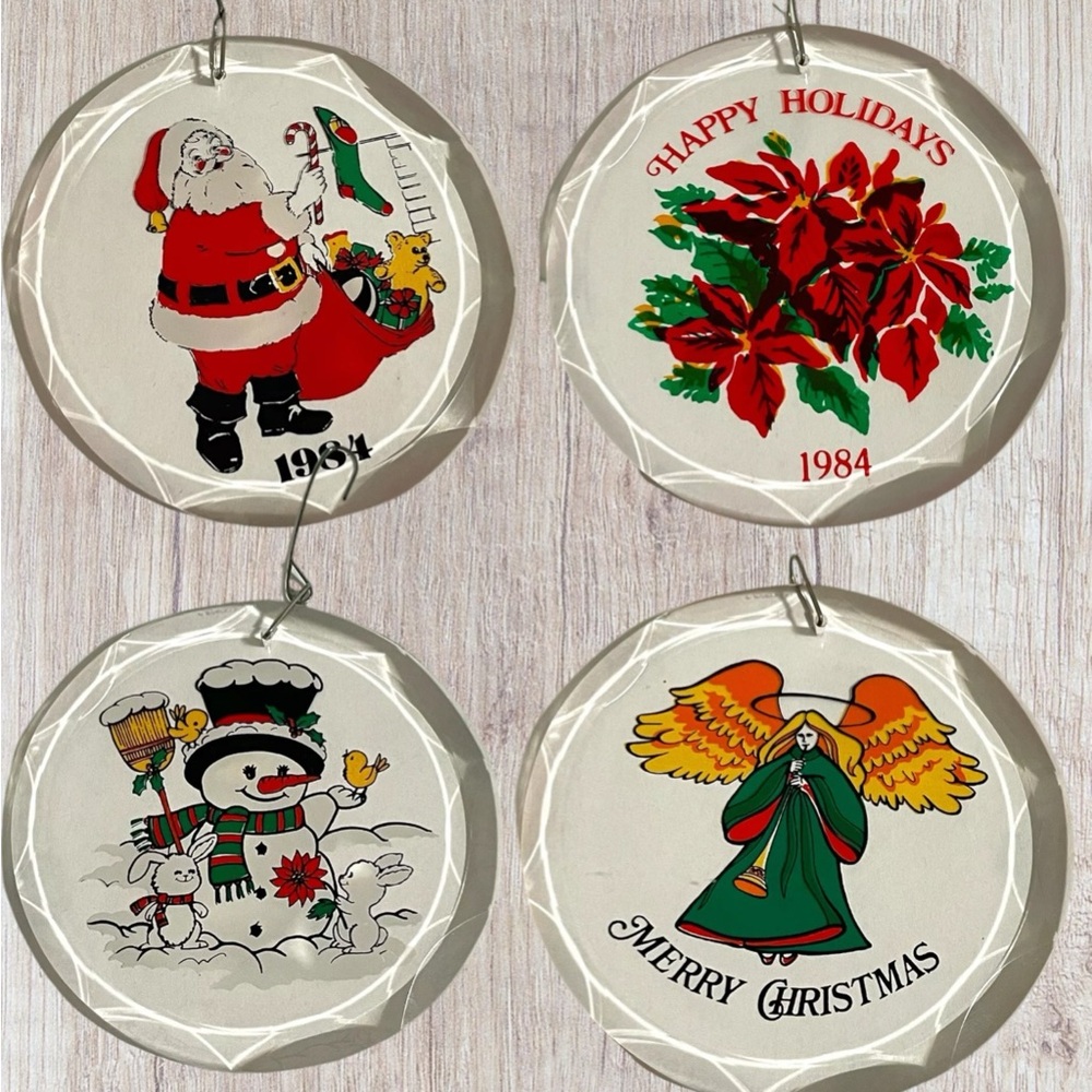 Lot of 4 VTG 80s Clear Acrylic Plastic Etched Hand Painted Christmas Ornaments